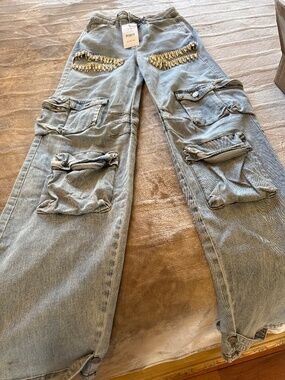 AKIRA CALLING THE SHOTS CARGO DENIM WITH RHINESTONES Size XSXS